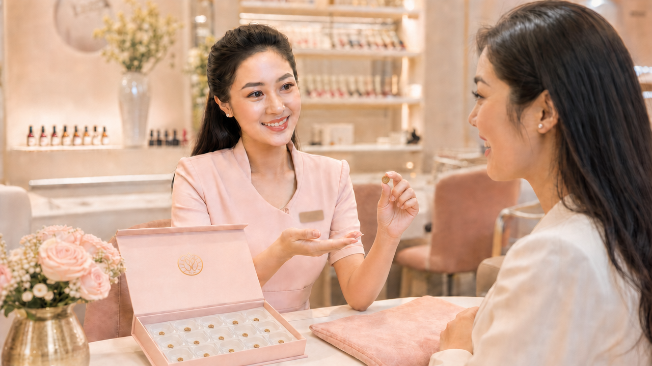 Chuyên viên tư vấn giới thiệu bộ kit chip NFC cho quản lý salon trên quầy