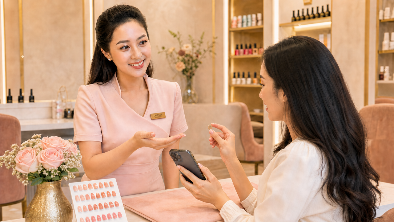 Khách hàng chạm móng tay gắn chip vào điện thoại ngay tại salon